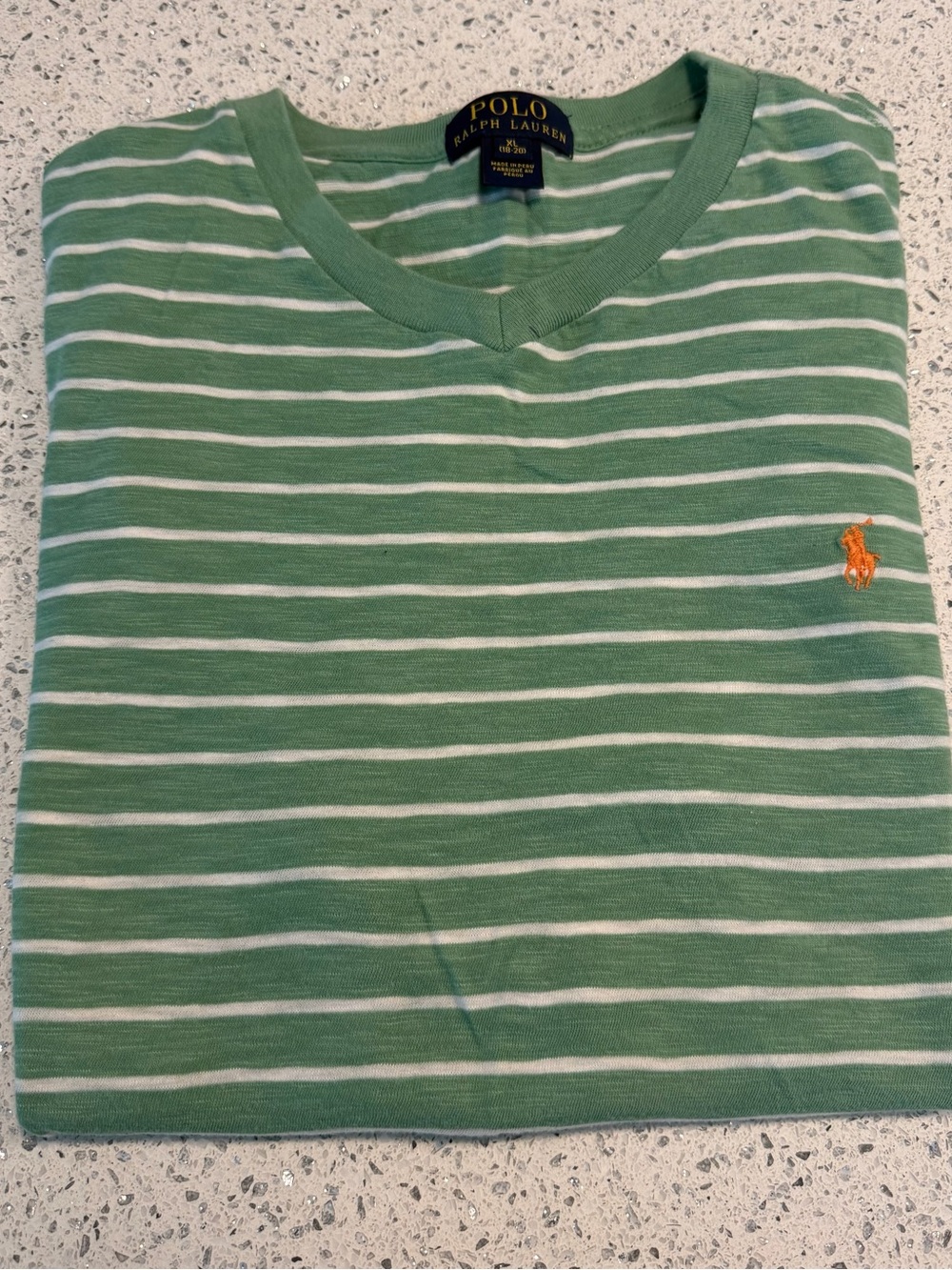 Polo by Ralph Lauren Boys Green & White Striped V-Neck Shirt with Orange Pony